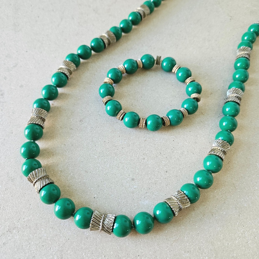 Talbots Green Long Bead Knotted Necklace Bracelet Set Gold‎ Tone Chunky Boho 60s